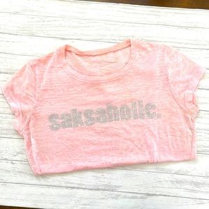 SAKS "SAKSAHOLIC' Pink Heather Rhinestone Short sleeve Tee Shirt,  Size Small